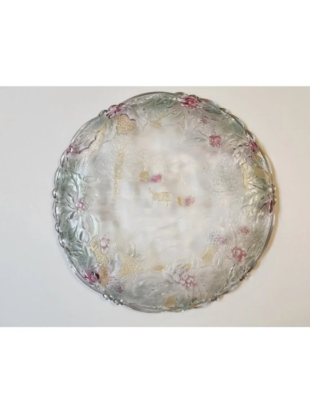 Christmas Serving Platter Plate Vintage Heavy Glass Tray Holly Winter Scene